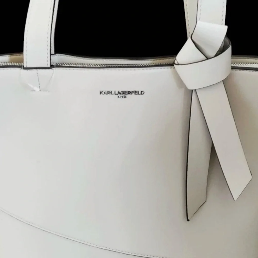 Karl Lagerfeld Paris Tote off white bow double handle faux leather bucket bag​